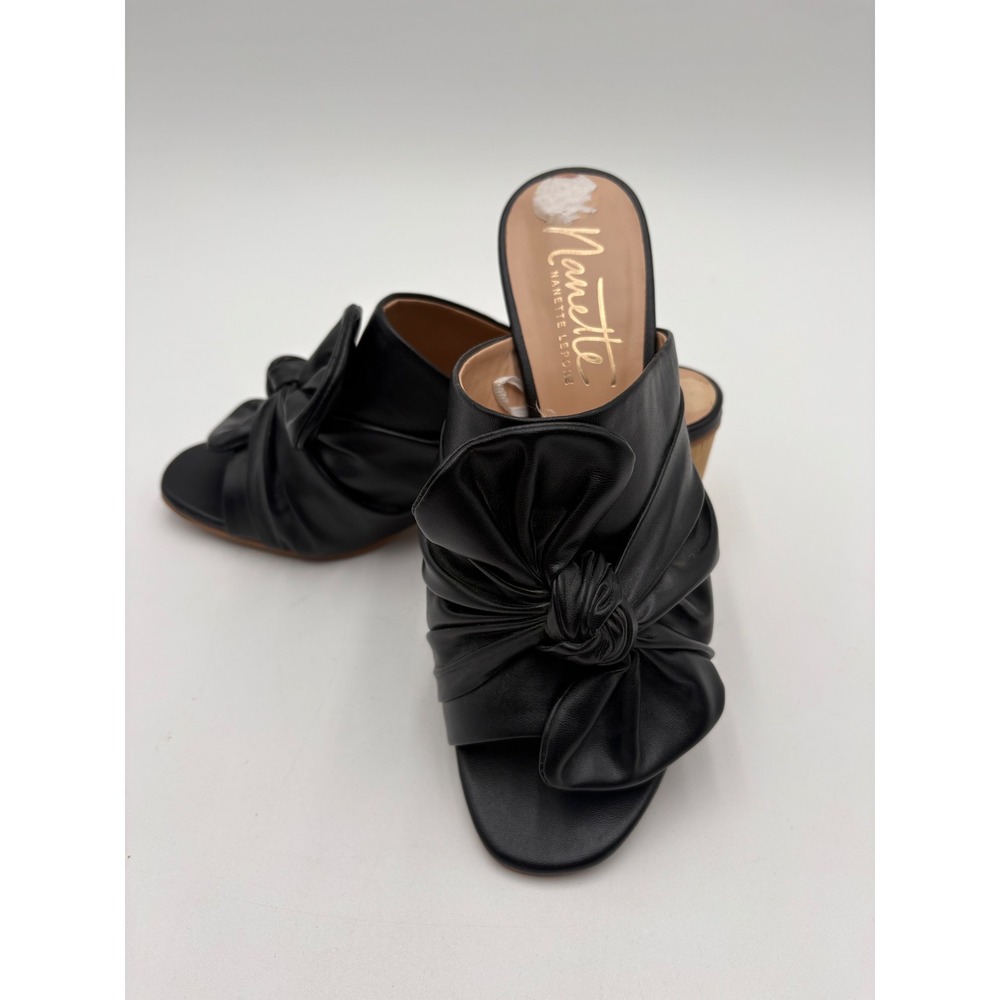 Nanette Lepore Womens Black Knotted Bow Slide Sandals Wood Block Heel Mules 7.5M